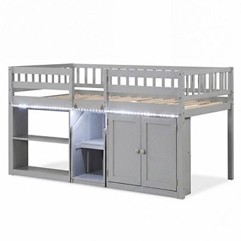 Costway Low Loft Bed with LED Light, Stairs & Guardrails, Modern Wood Kids Twin Bed