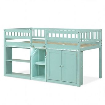 Costway Low Loft Bed with LED Light, Stairs & Guardrails, Modern Wood Kids Twin Bed