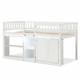 Costway Low Loft Bed with LED Light, Stairs & Guardrails, Modern Wood Kids Twin Bed