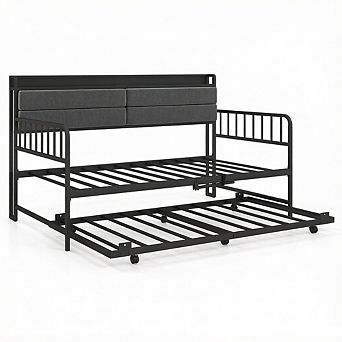 Costway Daybed with Trundle LED Lights Charging Station Upholstered Storage Headboard