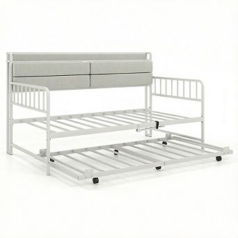 Costway Daybed with Trundle LED Lights Charging Station Upholstered Storage Headboard
