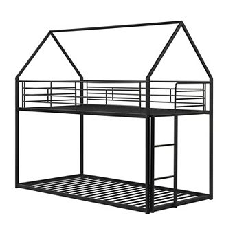 Costway Twin Over Twin Metal Bunk Bed, House Shaped Floor Bunk Bed Frame with Roof & Ladder