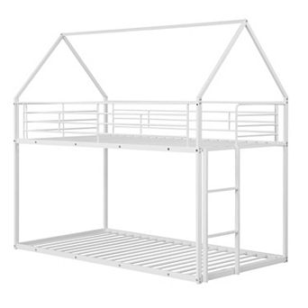 Costway Twin Over Twin Metal Bunk Bed, House Shaped Floor Bunk Bed Frame with Roof & Ladder