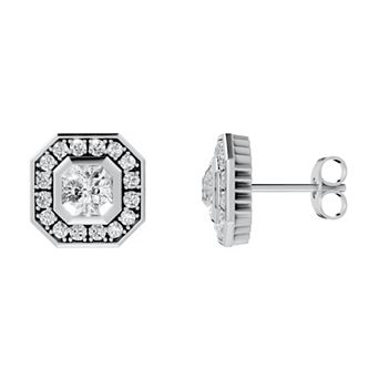 Torque - Precision in Power Rhodium Over Sterling Silver 1 1/2 Carat T.W. Asscher Cut & Round Lab-Grown Diamond Bezel Stud Earrings