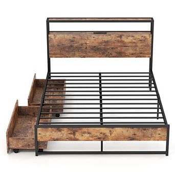 Costway Industrial Platform Bed Frame with Drawer Storage Headboard Charging Station