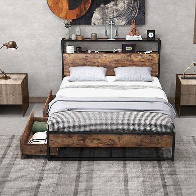 Costway Industrial Platform Bed Frame with Drawer Storage Headboard Charging Station