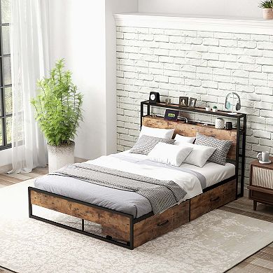 Costway Industrial Platform Bed Frame with Drawer Storage Headboard Charging Station