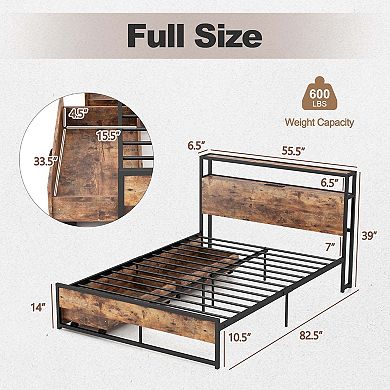 Costway Industrial Platform Bed Frame with Drawer Storage Headboard Charging Station