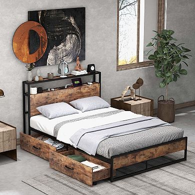 Costway Industrial Platform Bed Frame with Drawer Storage Headboard Charging Station