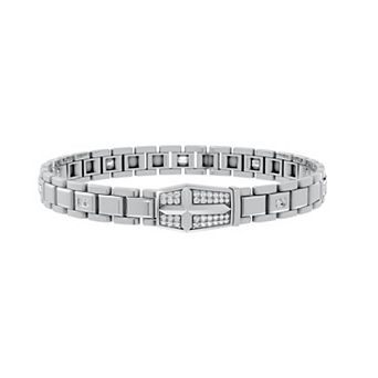 Torque - Precision in Power Rhodium Over Sterling Silver 1 1/4 Carat T.W. Emerald Cut & Round Lab-Grown Diamond Bezel Cross Bracelet