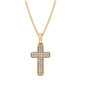 Torque - Precision in Power Yellow Gold Plated Sterling Silver 1/3 Carat T.W. Round Lab-Grown Diamond Micro Pave Cross Pendant Necklace