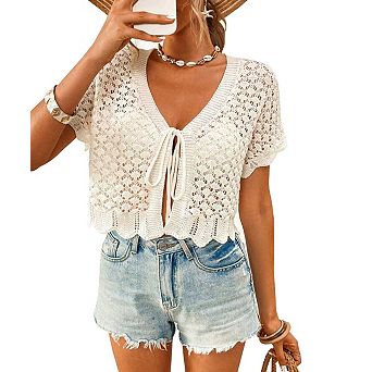 Women's Crop Cardigan Short Sleeve V-Neck Tie Front Crochet Boho Knit Top