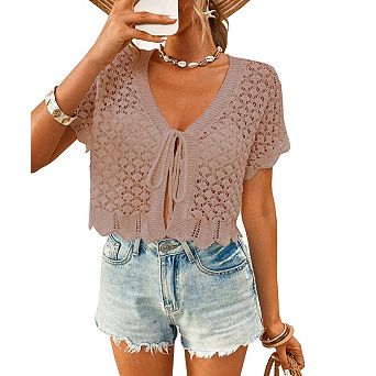 Women's Crop Cardigan Short Sleeve V-Neck Tie Front Crochet Boho Knit Top