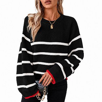 Women's Contrast Color Crew Neck Long Sleeve Loose Pullover Sweater