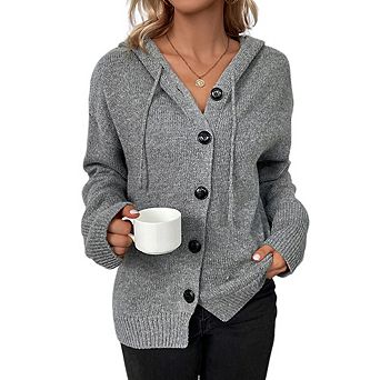 Women's Long Sleeve Hooded Button Cardigan Sweater
