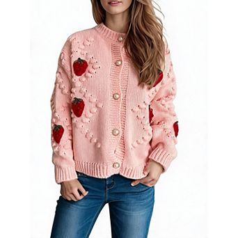 Women's Crew Neck Long Sleeve Button Cardigan Strawberry Pattern