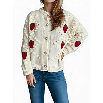 Women's Crew Neck Long Sleeve Button Cardigan Strawberry Pattern