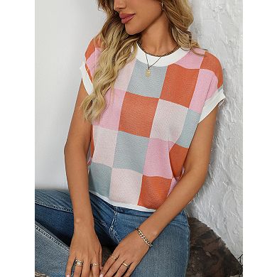 Women's Crew Neck Short Sleeve Colorblock Pullover Knit Top