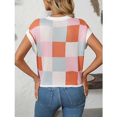 Women's Crew Neck Short Sleeve Colorblock Pullover Knit Top