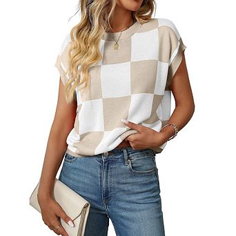 Women's Crew Neck Short Sleeve Colorblock Pullover Knit Top