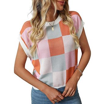Women's Crew Neck Short Sleeve Colorblock Pullover Knit Top