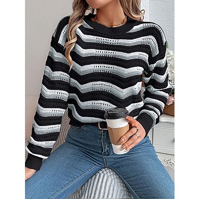 Women's Hollow Out Color Block Striped Long Sleeve Pullover Sweater