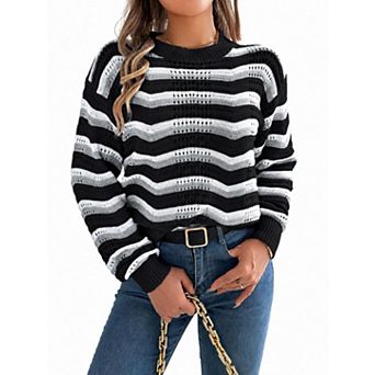 Women's Hollow Out Color Block Striped Long Sleeve Pullover Sweater