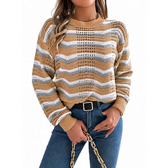 Women's Hollow Out Color Block Striped Long Sleeve Pullover Sweater