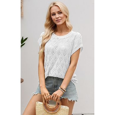 Women's Crew Neck Short Sleeve Hollow Out Knit Pullover Summer Top