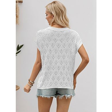 Women's Crew Neck Short Sleeve Hollow Out Knit Pullover Summer Top