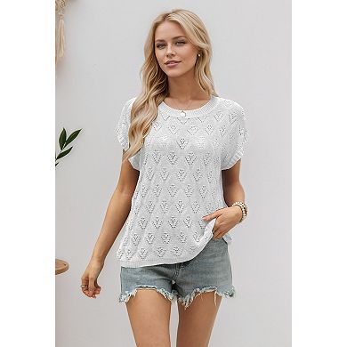Women's Crew Neck Short Sleeve Hollow Out Knit Pullover Summer Top