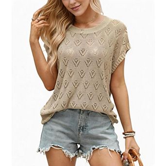 Women's Crew Neck Short Sleeve Hollow Out Knit Pullover Summer Top
