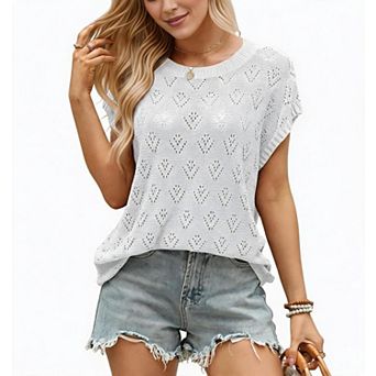 Women's Crew Neck Short Sleeve Hollow Out Knit Pullover Summer Top