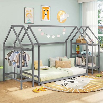 Costway Twin Size House Bed Montessori Floor Bed with Detachable Storage Shelves
