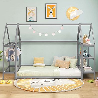 Costway Twin Size House Bed Montessori Floor Bed with Detachable Storage Shelves