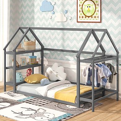 Costway Twin Size House Bed Montessori Floor Bed with Detachable Storage Shelves
