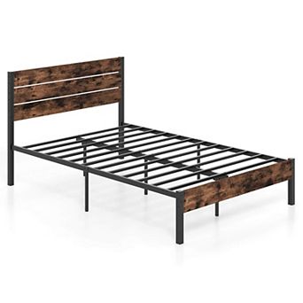 Costway Bed Frame with Tall Industrial Headboard Heavy-Duty Metal Slats Support