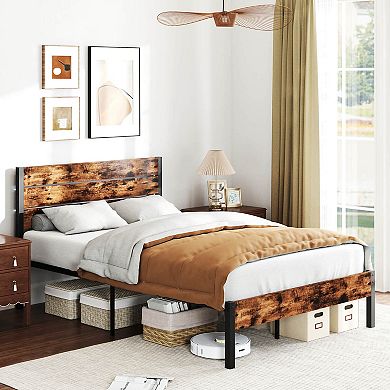 Costway Bed Frame with Tall Industrial Headboard Heavy-Duty Metal Slats Support