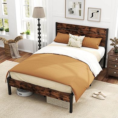 Costway Bed Frame with Tall Industrial Headboard Heavy-Duty Metal Slats Support