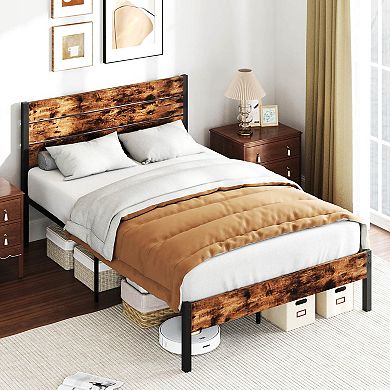 Costway Bed Frame with Tall Industrial Headboard Heavy-Duty Metal Slats Support