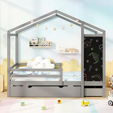 Costway Twin House Bed with 2 Storage Drawers Solid Wood Platform Bed with Blackboard