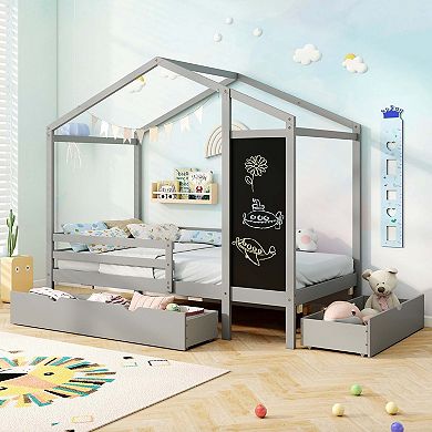 Costway Twin House Bed with 2 Storage Drawers Solid Wood Platform Bed with Blackboard