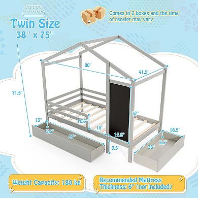 Costway Twin House Bed with 2 Storage Drawers Solid Wood Platform Bed with Blackboard