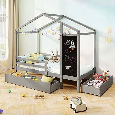 Costway Twin House Bed with 2 Storage Drawers Solid Wood Platform Bed with Blackboard