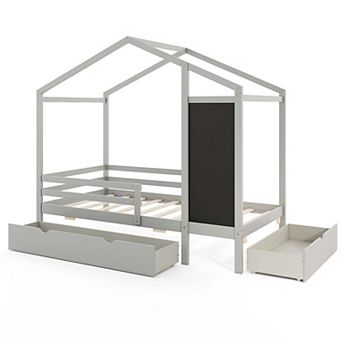 Costway Twin House Bed with 2 Storage Drawers Solid Wood Platform Bed with Blackboard