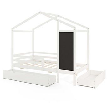 Costway Twin House Bed with 2 Storage Drawers Solid Wood Platform Bed with Blackboard