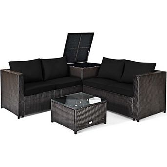 Costway 4 pc Outdoor Patio Rattan Furniture Set Cushion Loveseat Storage Table