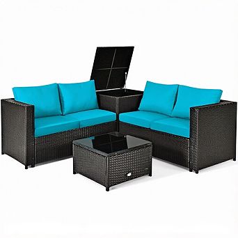 Costway 4 pc Outdoor Patio Rattan Furniture Set Cushion Loveseat Storage Table