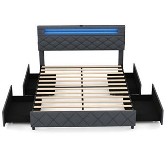 Costway Bed Frame with Led Lights & Charging Station & Modern Upholstered Bed