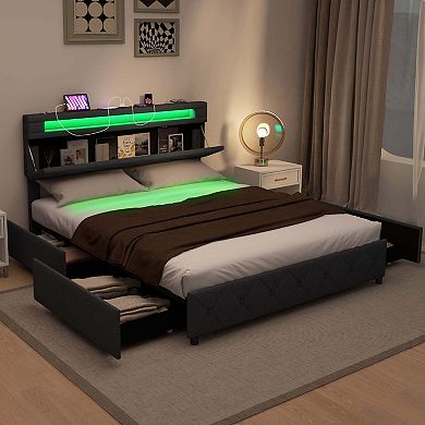 Costway Bed Frame with Led Lights & Charging Station & Modern Upholstered Bed